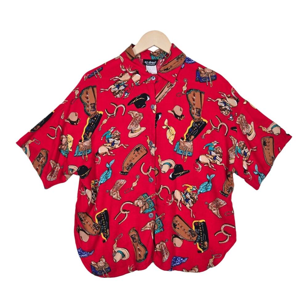 Vintage EZ Street Top L Red Western Rodeo Wild West Cowboy Novelty Camp Shirt